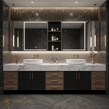 60''-96'' Double Bathroom Vanity with Sink Floating Marble Top Dark Wood Drawers