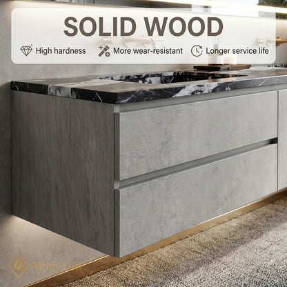 60''-96'' Floating Bathroom Vanity with Sink Double Basin Gray Textured Panels Round Mirror