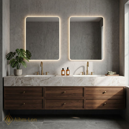 60''-96'' Double Bathroom Vanity with Sink White-Marble White Floating Wood-Grain Pattern Top