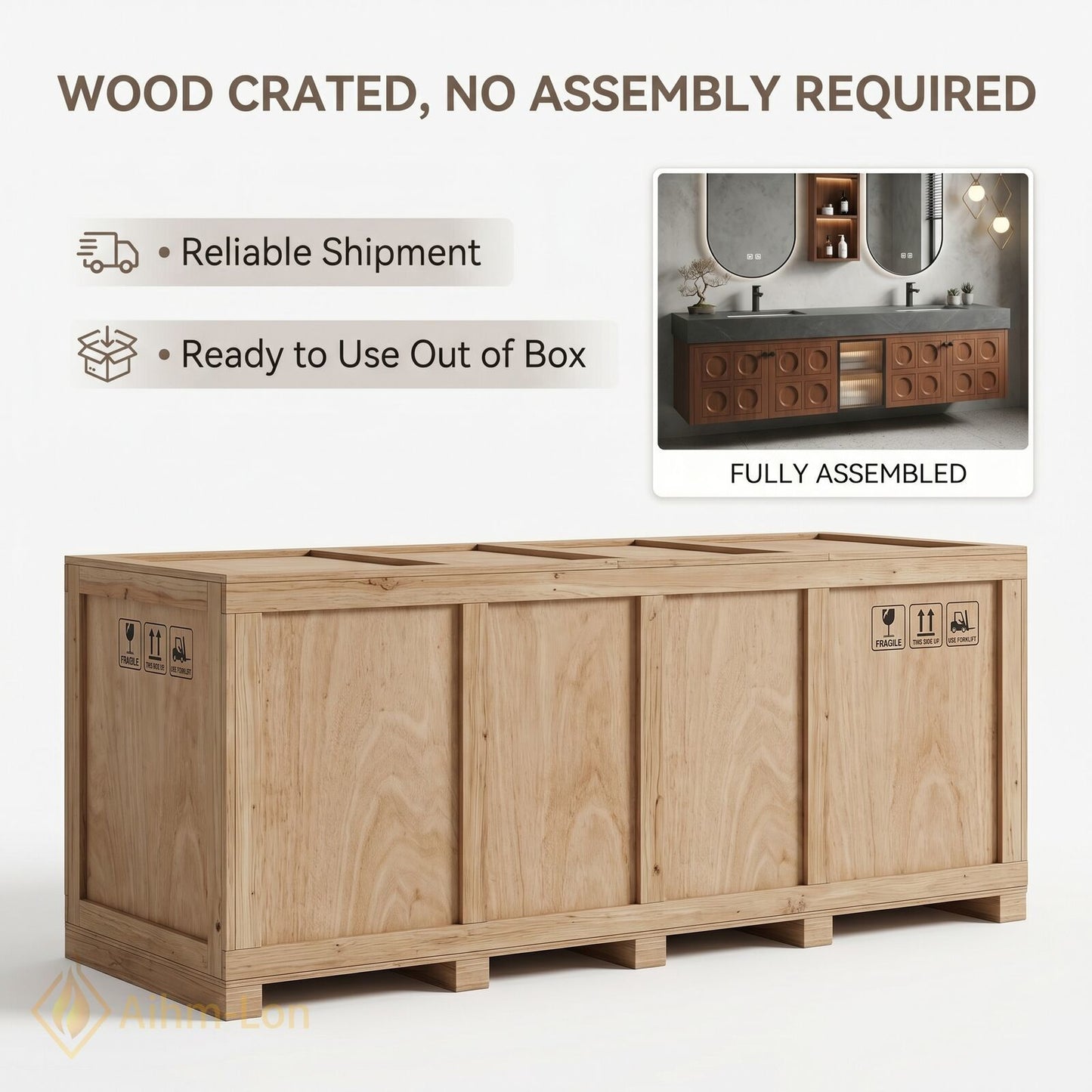 60''-96'' Bathroom Vanity with Sink Grooved Wood Panels Dark Stone Countertop Double