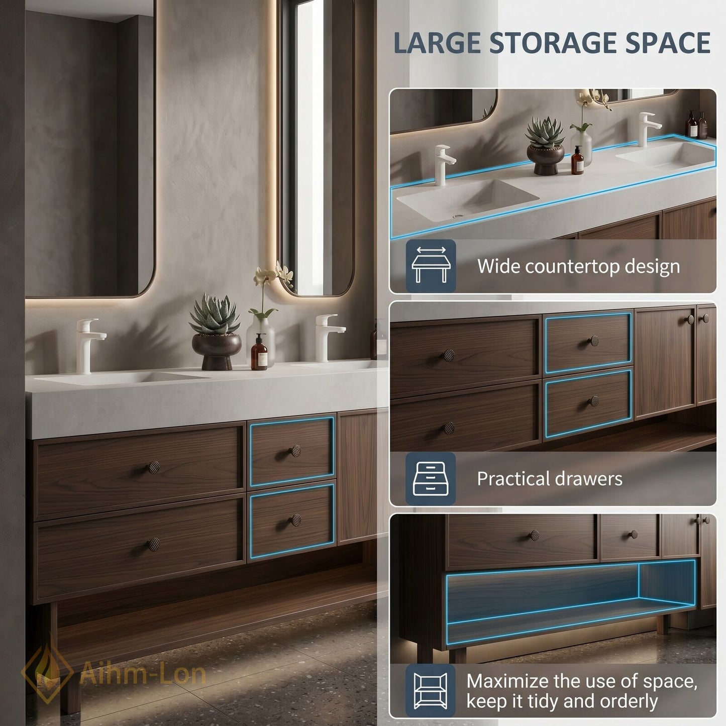 60''-96'' Double Bathroom Vanity with Sink Floating Modern Vanities Storage Drawers Warm
