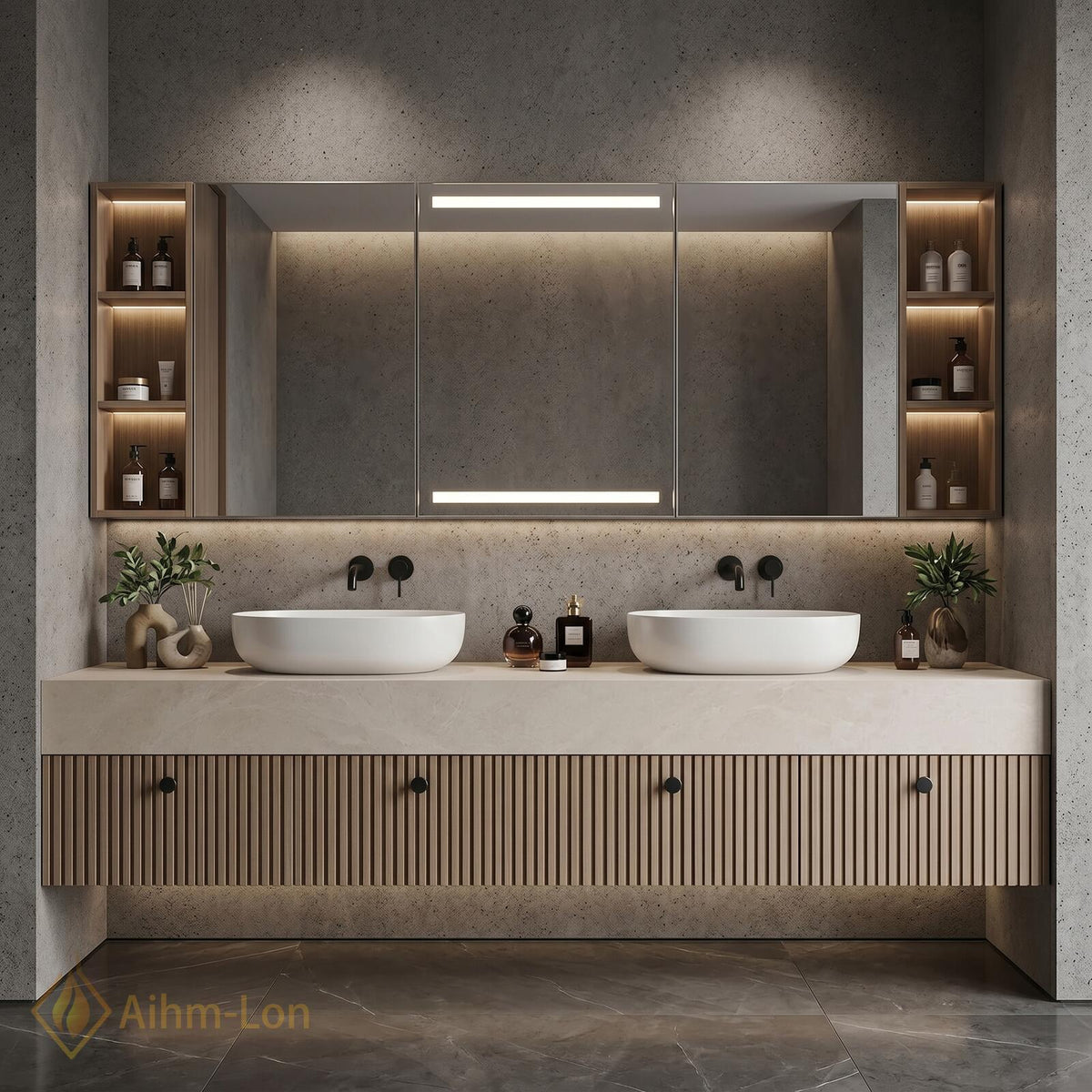 72''-96'' Double Bathroom Vanity with Sink Floating Vanity Stone Top Slatted Front