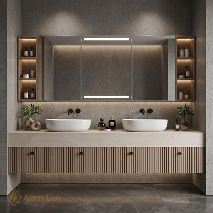 72''-96'' Double Bathroom Vanity with Sink Floating Vanity Stone Top Slatted Front