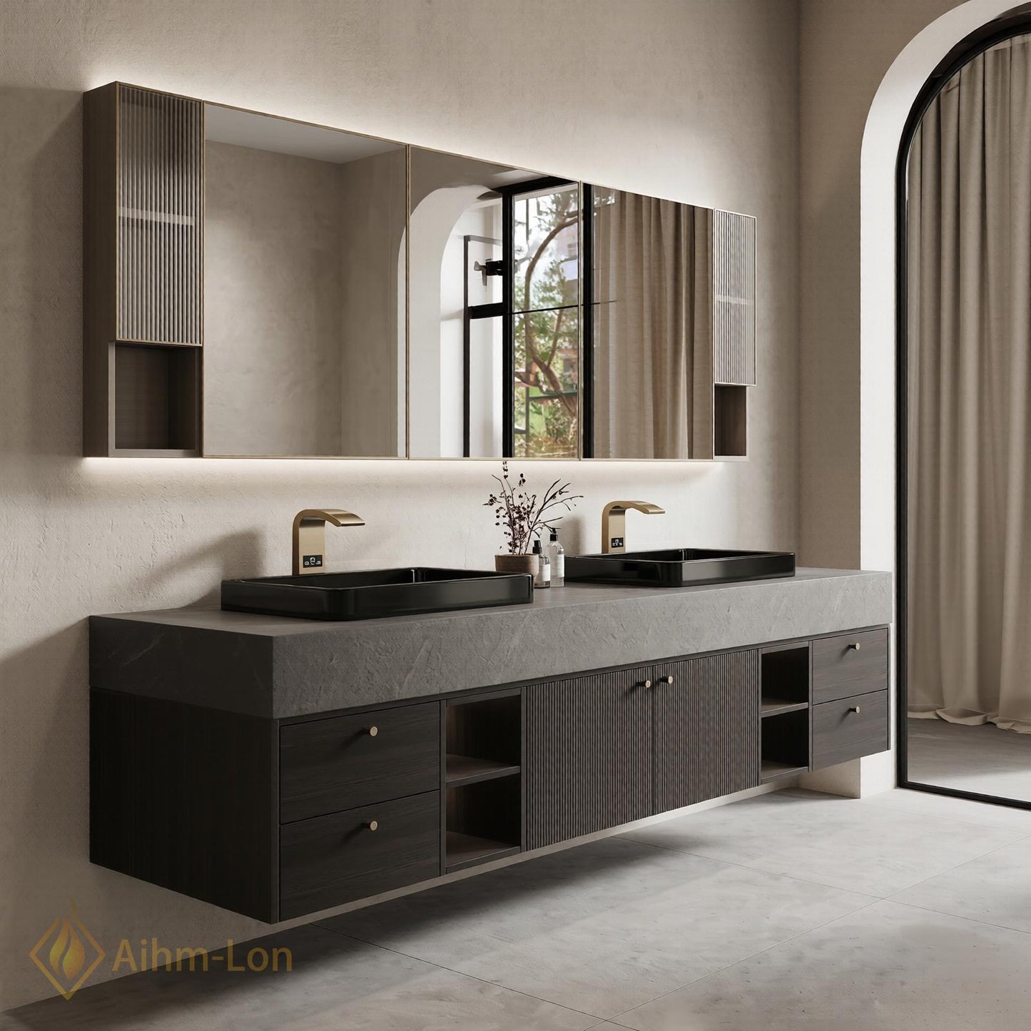 72''-96'' Double Bathroom Vanity with Sink Dark-Walnut Slatted-Panel Floating Elegant