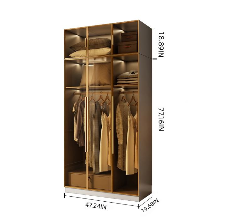 Aihm-Lon Wardrobe with Glass Door Drawers Shelves and Light 63"-95"