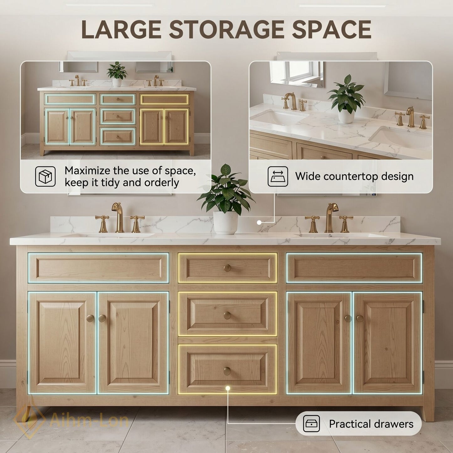 76''-96'' Modern Bathroom Vanity with Sink Light Oak White Marble Deep Drawers