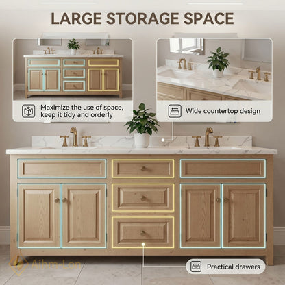 76''-96'' Modern Bathroom Vanity with Sink Light Oak White Marble Deep Drawers