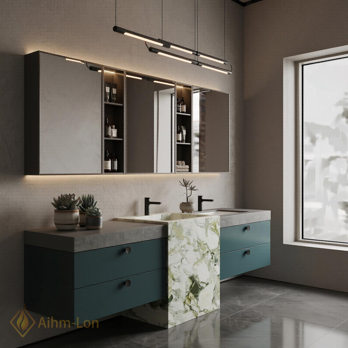 60''-96'' Double Bathroom Vanity with Sink Marble Slab Divider Floating Teal Drawers