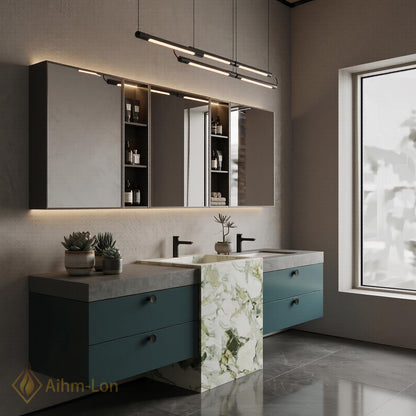 60''-96'' Double Bathroom Vanity with Sink Marble Slab Divider Floating Teal Drawers