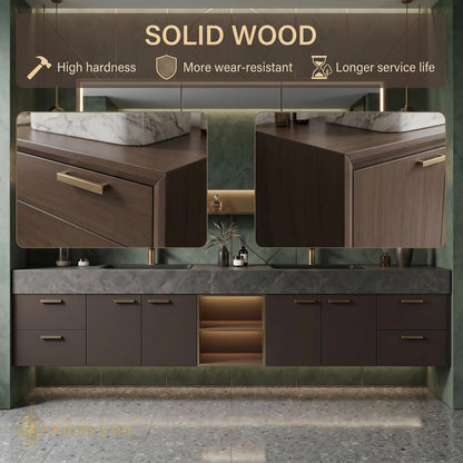 60''-96'' Double Bathroom Vanity with Sink Black Vessel Sinks Grey Veined Marble