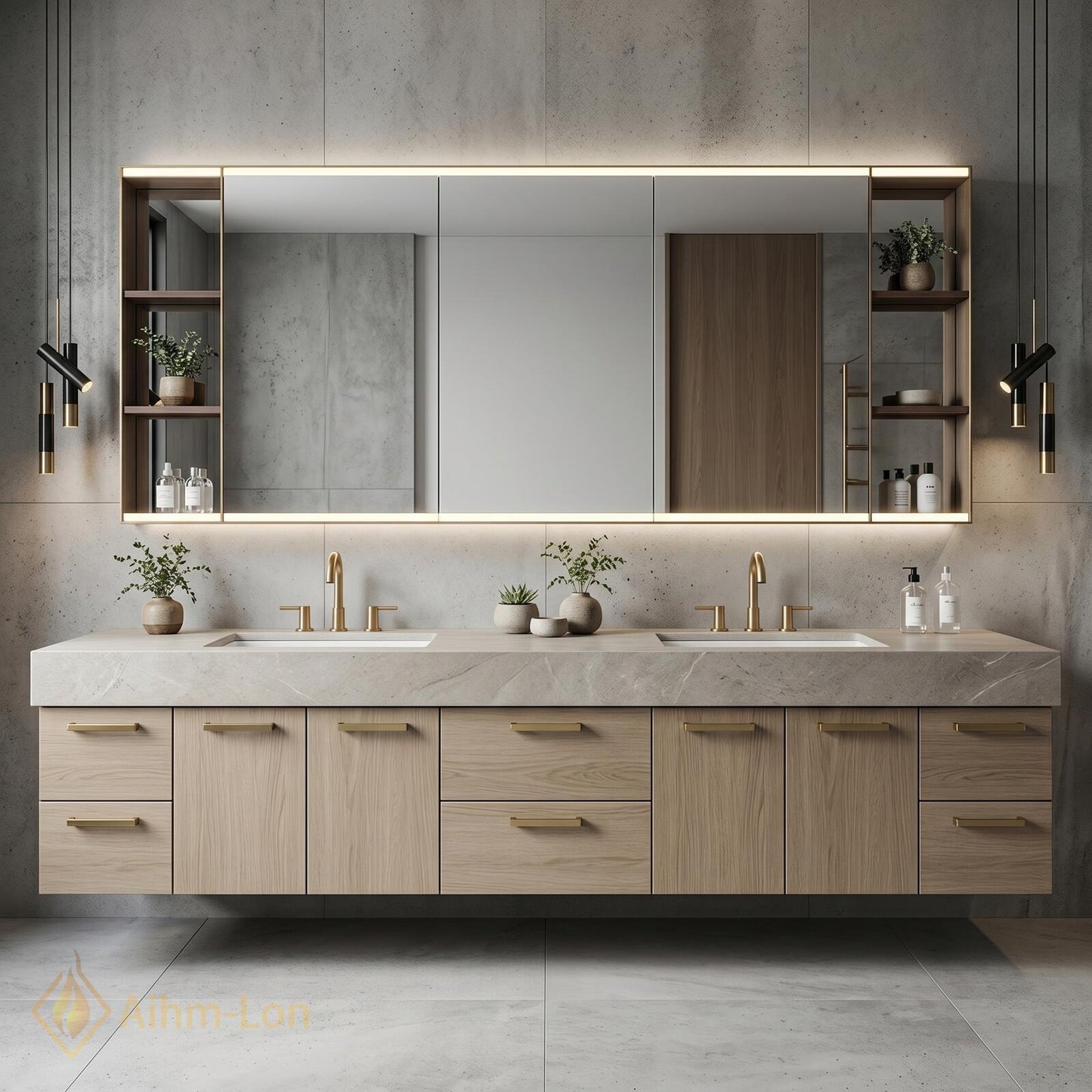 72''-96'' Double Bathroom Vanity with Sink Light-Oak Wood Modern Floating Open