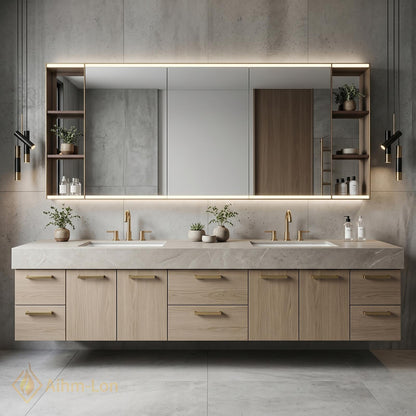 72''-96'' Double Bathroom Vanity with Sink Light-Oak Wood Modern Floating Open