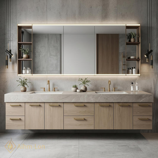 72''-96'' Double Bathroom Vanity with Sink Light-Oak Wood Modern Floating Open