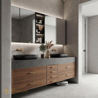 60''-96'' Double Bathroom Vanity with Sink Modern Floating Walnut Finish Sliding Cabinet