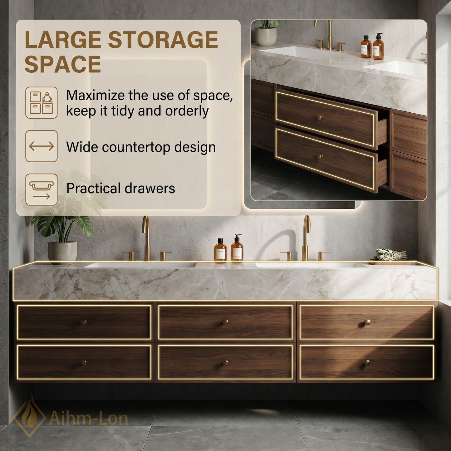 60''-96'' Double Bathroom Vanity with Sink White-Marble White Floating Wood-Grain Pattern Top