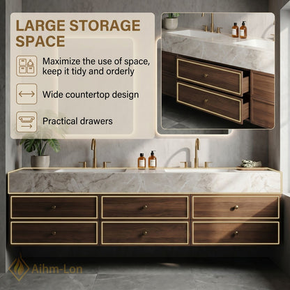 60''-96'' Double Bathroom Vanity with Sink White-Marble White Floating Wood-Grain Pattern Top