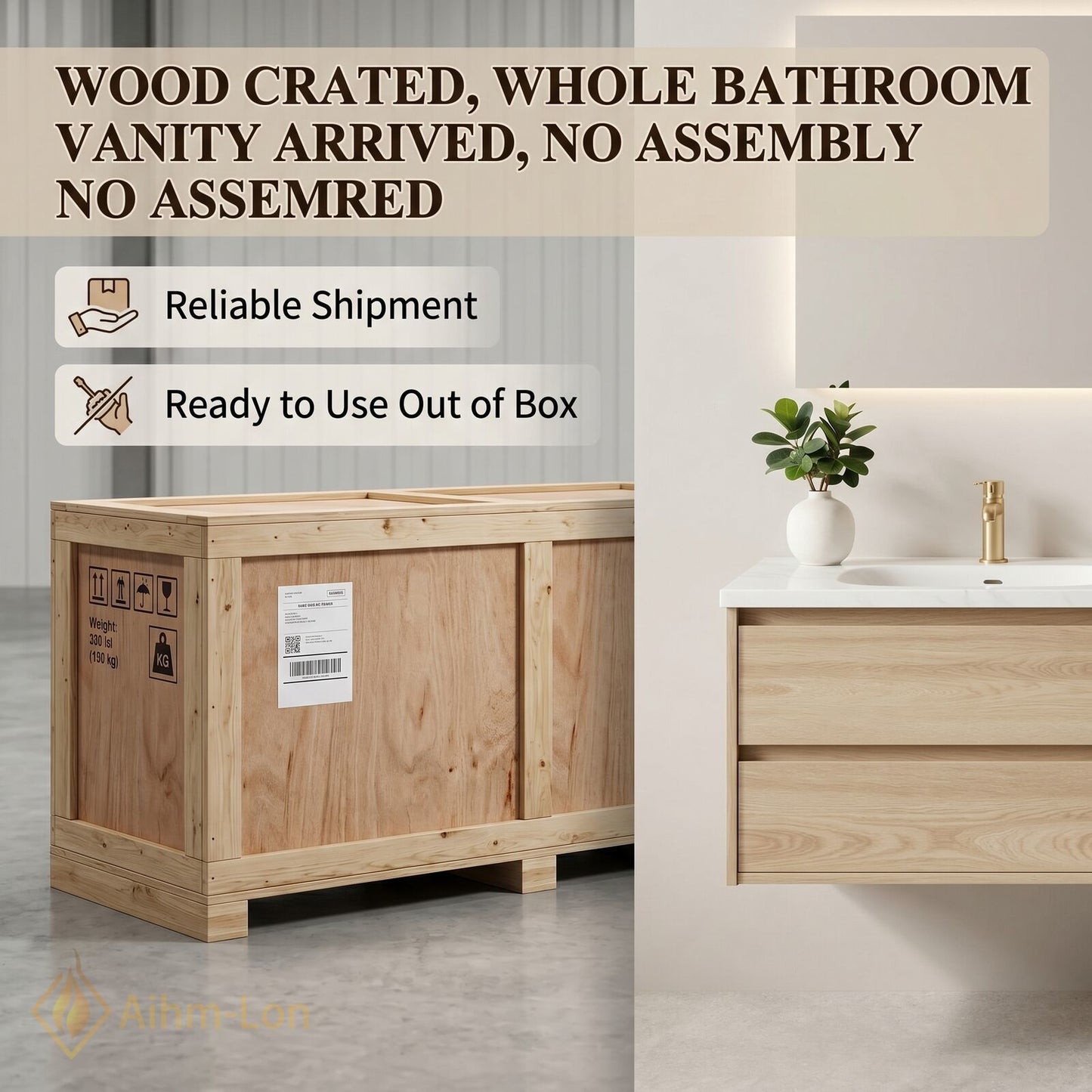 60''-96'' Modern Bathroom Vanity with Sink Marble Floating Wooden Grain Lighted Mirror