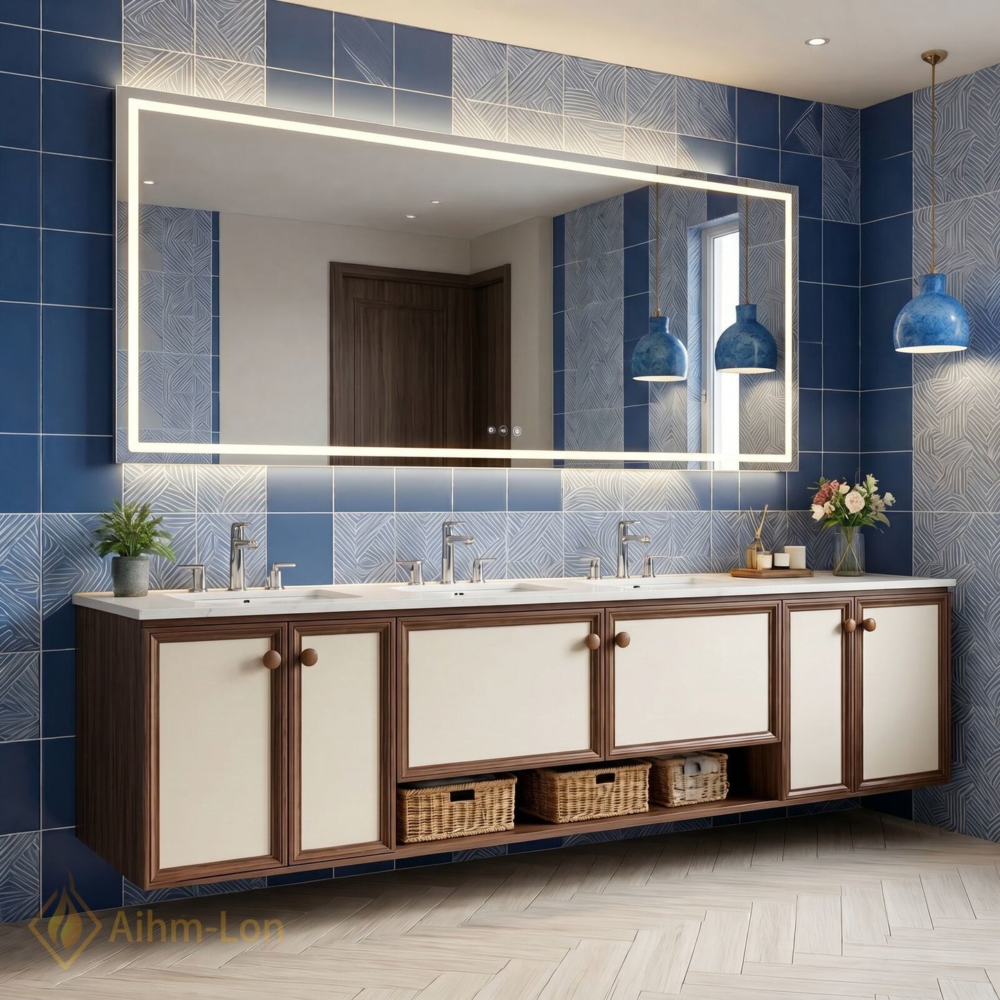 78''-96'' Floating Bathroom Vanity with Sink Wood Frame Panels Illuminated Mirror Cabinet