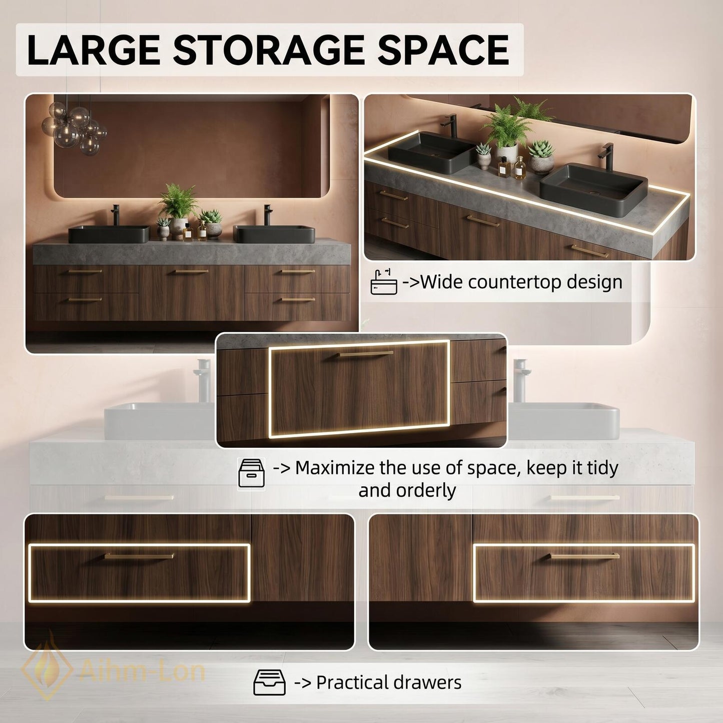 60''-96'' Double Bathroom Vanity with Sink Walnut Modern Floating Top Grain Drawers