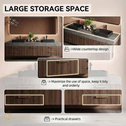60''-96'' Double Bathroom Vanity with Sink Walnut Modern Floating Top Grain Drawers