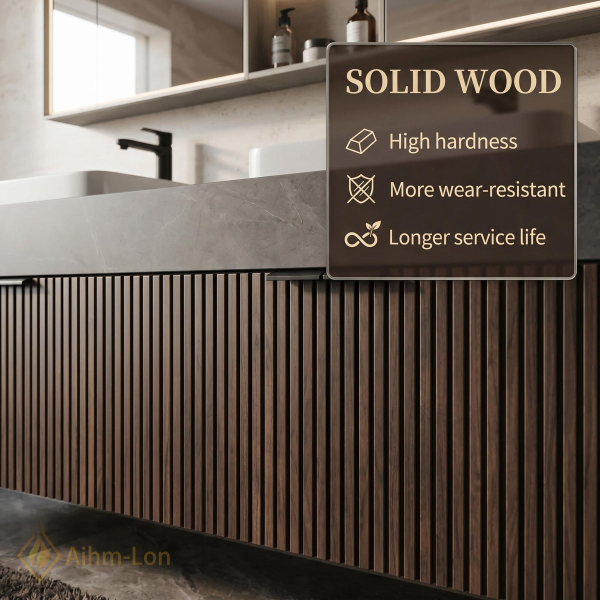 60''-96'' Modern Floating Bathroom Vanity with Sink Dark Walnut Slatted Center Panel