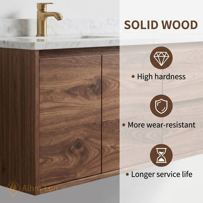 60''-96'' Modern Bathroom Vanity with Sink Floating Wooden Drawer White Stone Oval Mirrors