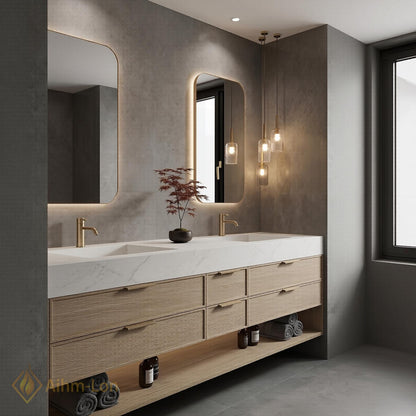 70''-96'' Double Bathroom Vanity with Sink Light-Wood Drawers Open Shelving