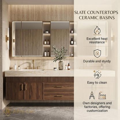 60''-96'' Double Bathroom Vanity with Sink Fluted Front Paneling Warm Wood Spacious Finish