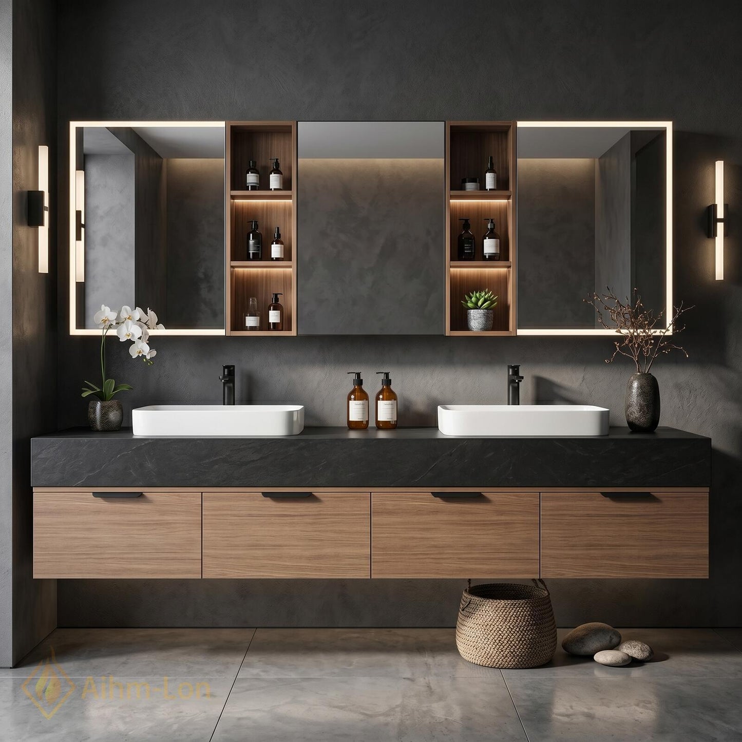 60''-96'' Double Bathroom Vanity with Sink Dark Warm-Wood Modern Floating Stone