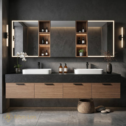 60''-96'' Double Bathroom Vanity with Sink Dark Warm-Wood Modern Floating Stone