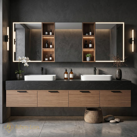 60''-96'' Double Bathroom Vanity with Sink Dark Warm-Wood Modern Floating Stone