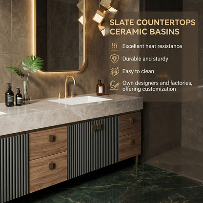 72''-96'' Modern Bathroom Vanity with Sink Double Sink Fluted Panel White Marble Drawers