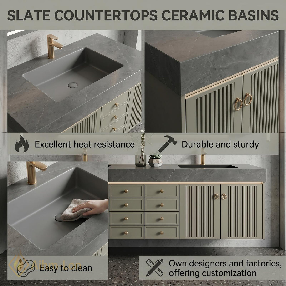 60''-96'' Double Bathroom Vanity with Sink Fluted Panel Doors Olive Green Finish