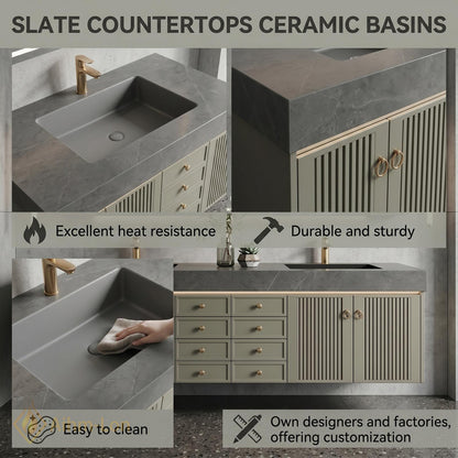 60''-96'' Double Bathroom Vanity with Sink Fluted Panel Doors Olive Green Finish