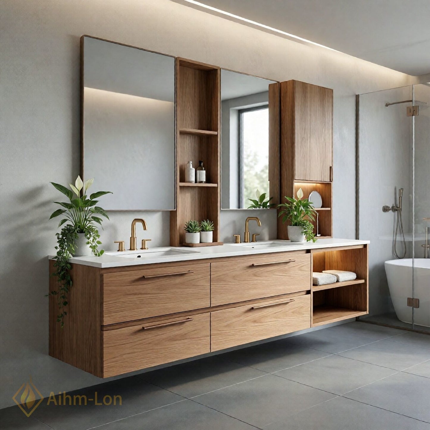 60''-96'' Floating Bathroom Vanity with Sink Slim Profile Natural Oak Open Shelving Mirror