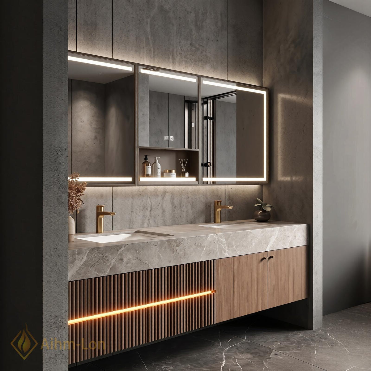 60''-96'' Double Bathroom Vanity with Sink Modern Slatted Front Panels Marble Patterned