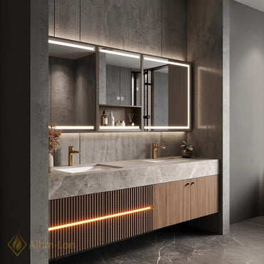 60''-96'' Double Bathroom Vanity with Sink Modern Slatted Front Panels Marble Patterned