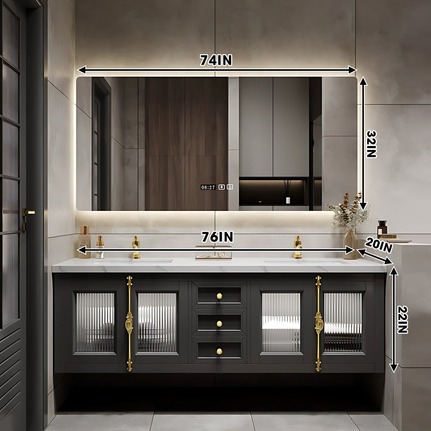 56"- 96"Elegant Double Sink Bathroom Vanity with Sense of Atmosphere Defogging Mirror