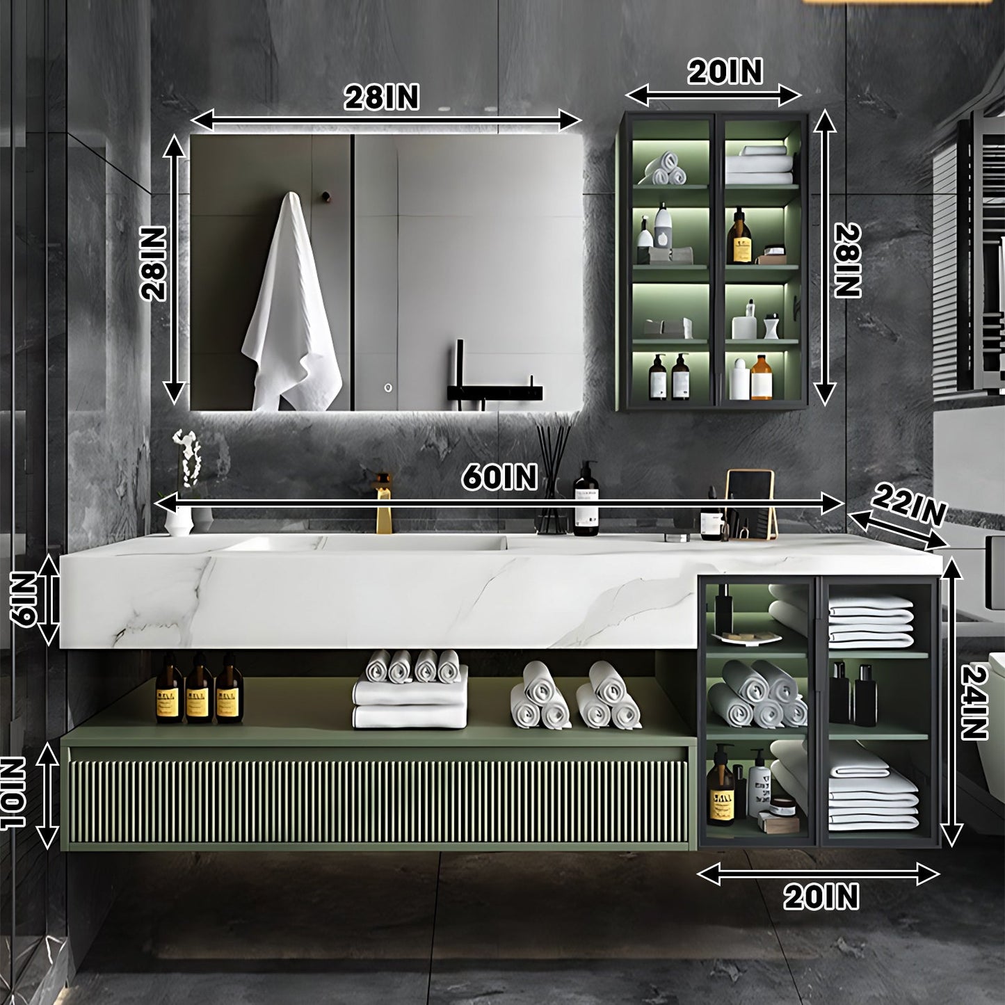 36"- 78" Green Bath Vanity Set with Defogging Mirror & Single Sink Floating
