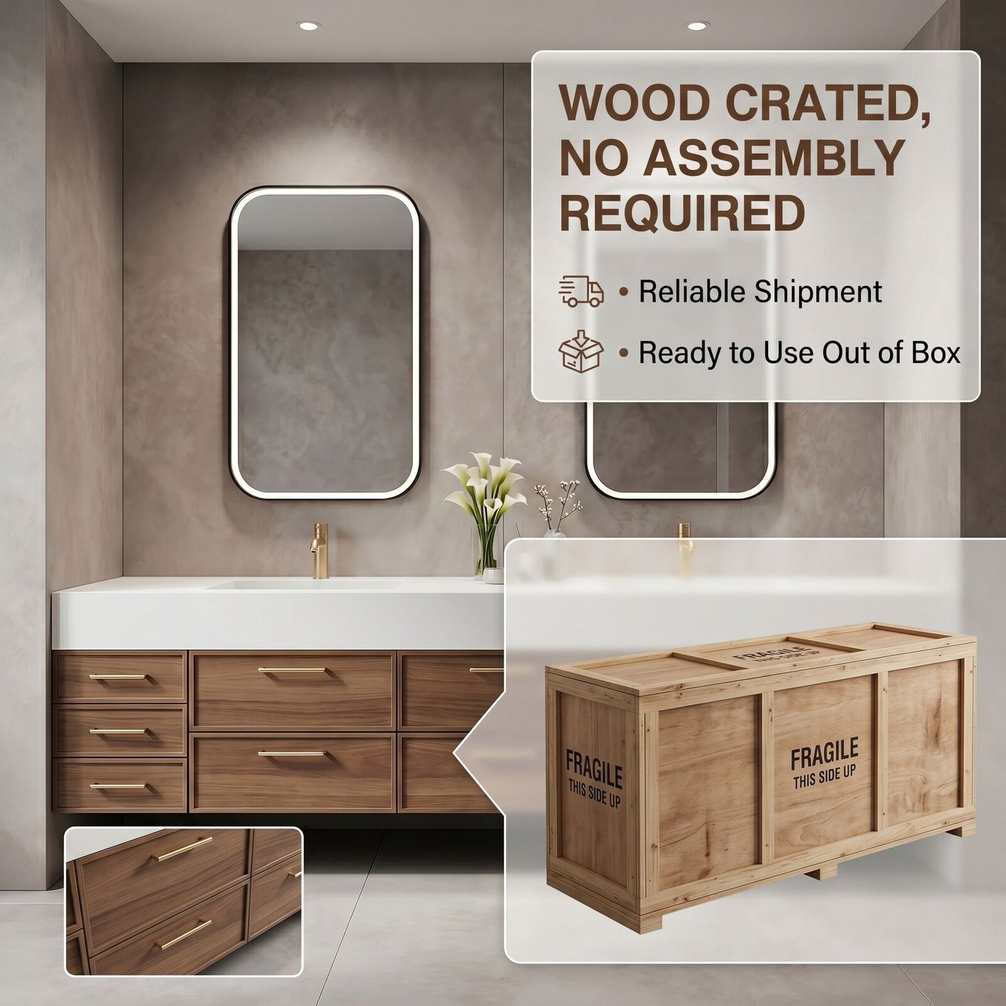 76''-96'' Modern Bathroom Vanity with Sink Floating Drawers Gold Hardware Dual Mirrors
