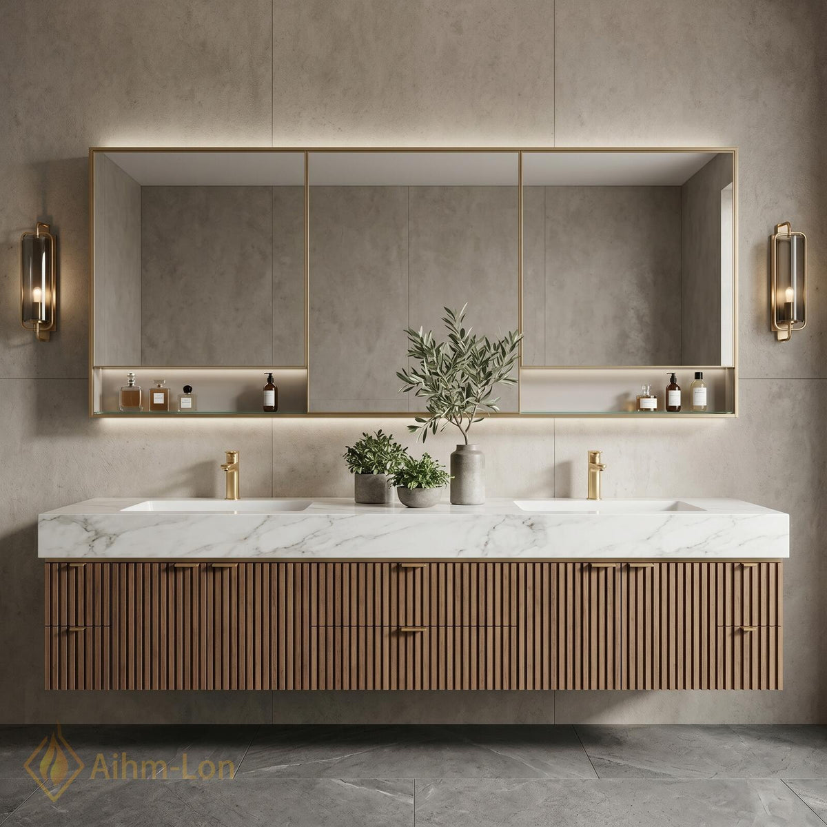 60''-96'' Double Bathroom Vanity with Sink Modern Floating Basins Vertical Slatted Front