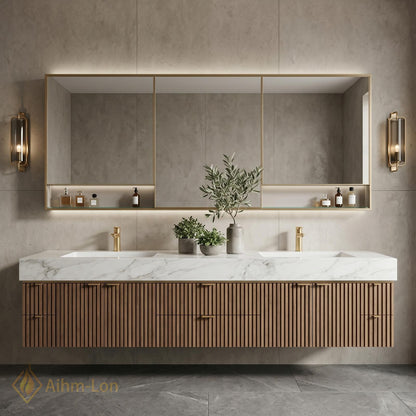 60''-96'' Double Bathroom Vanity with Sink Modern Floating Basins Vertical Slatted Front