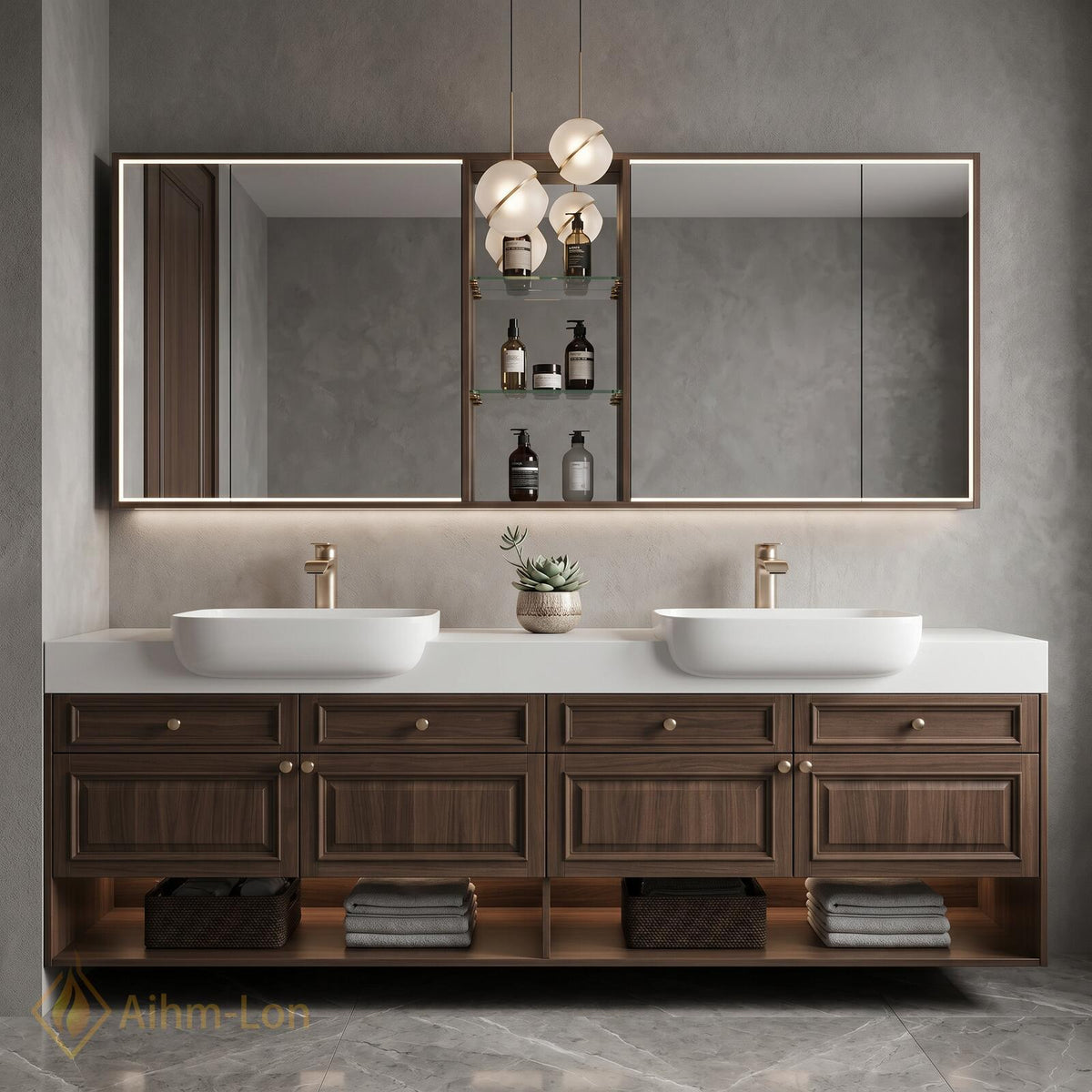 60''-96'' Double Bathroom Vanity with Sink Modern Dark Walnut Slatted Center Panel