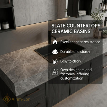 76''-96'' Modern Bathroom Vanity with Sink Floating Grey Stone Dark Wood Drawers