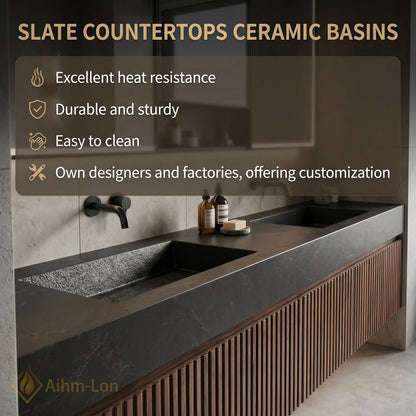 60''-96'' Double Bathroom Vanity with Sink Warm-Walnut Modern Floating Open Shelving