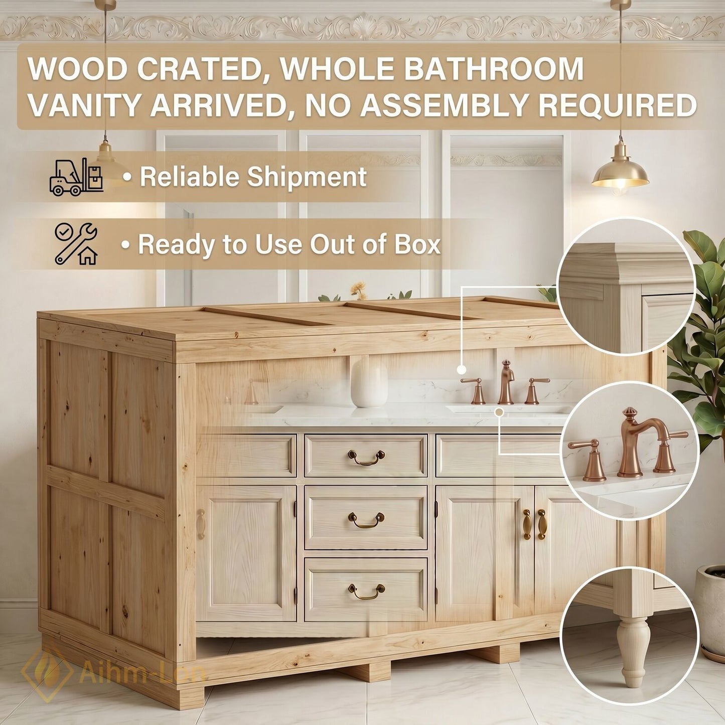 76''-96'' Classic Bathroom Vanity with Sink Light Wood Grain Marble Shaker Drawers