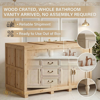 76''-96'' Classic Bathroom Vanity with Sink Light Wood Grain Marble Shaker Drawers