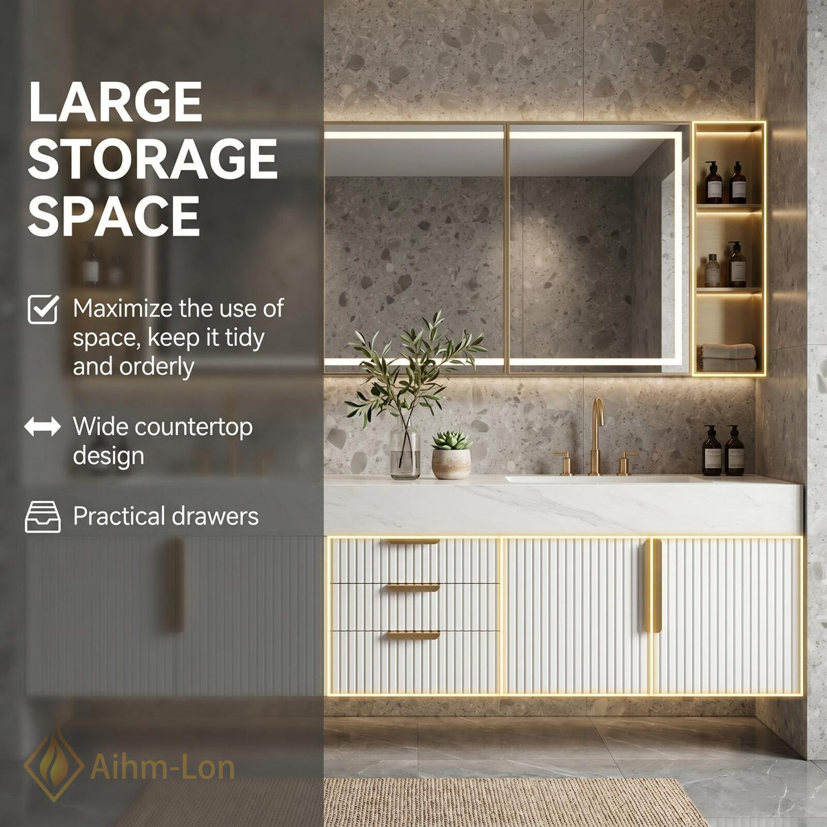 60''-96'' Double Bathroom Vanity with Sink Fluted Panel Marble-Like Surface Storage Cabinet