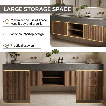 60''-96'' Double Bathroom Vanity with Sink Modern Floating Warm Walnut Dark Stone Top