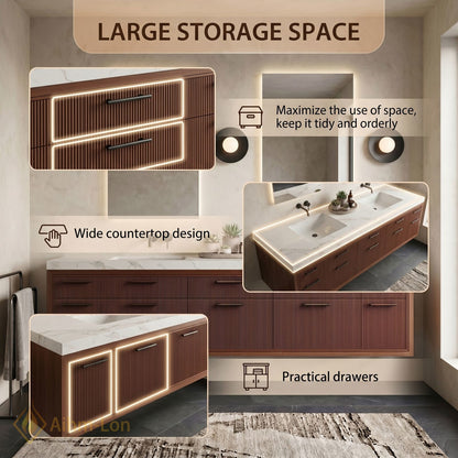 78''-96'' Double Bathroom Vanity with Sink Ribbed Wood Front Paneling Floating Storage